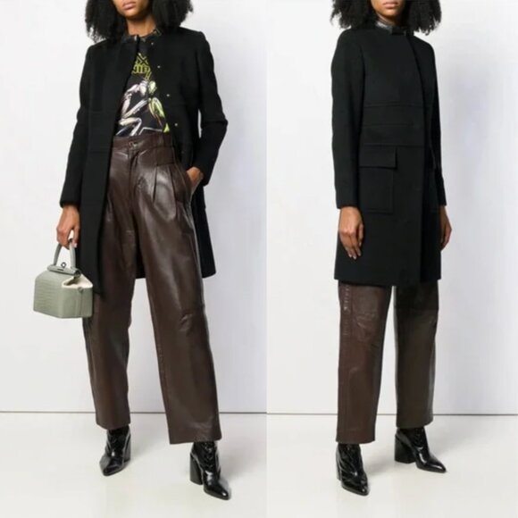 Gucci Black Wool Trench Leather Collared Coat Tailored Jacket size IT 40/4 - Picture 1 of 13